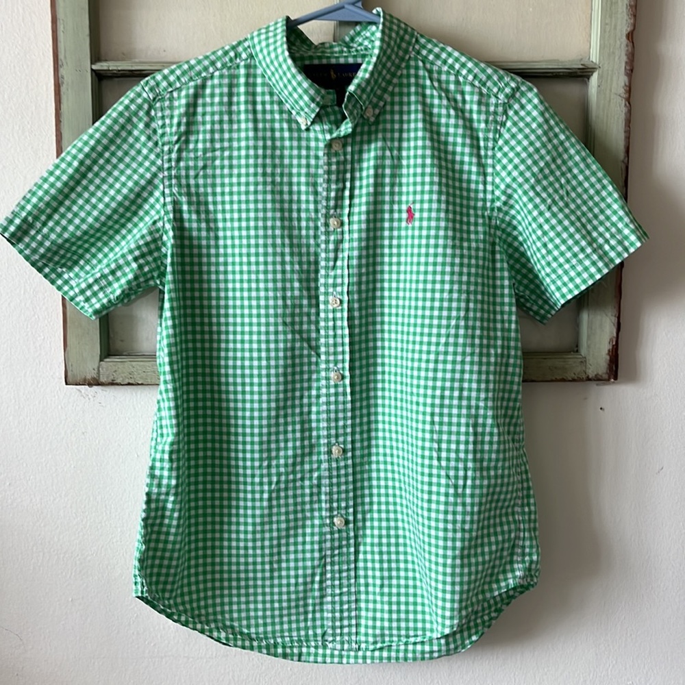 Ralph Lauren Europe Short Sleeve Button Down Green Plaid Shirt Size L (14-16)